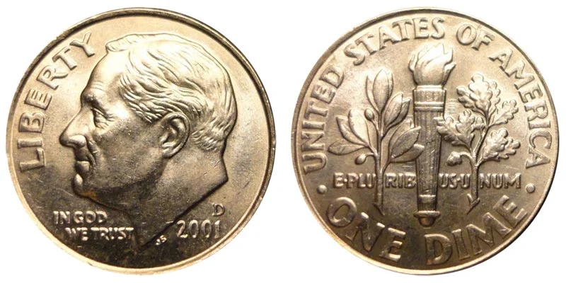 2001 Roosevelt dime obverse showing mint mark location below Roosevelt's portrait
