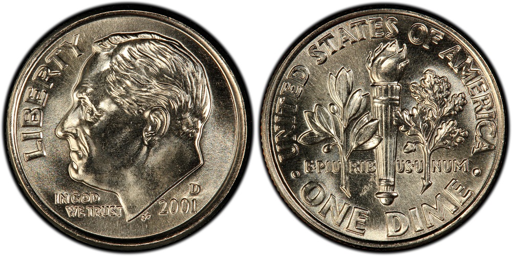 2001 Roosevelt dime reverse comparison: left partial bands vs right Full Bands showing clear separation on torch