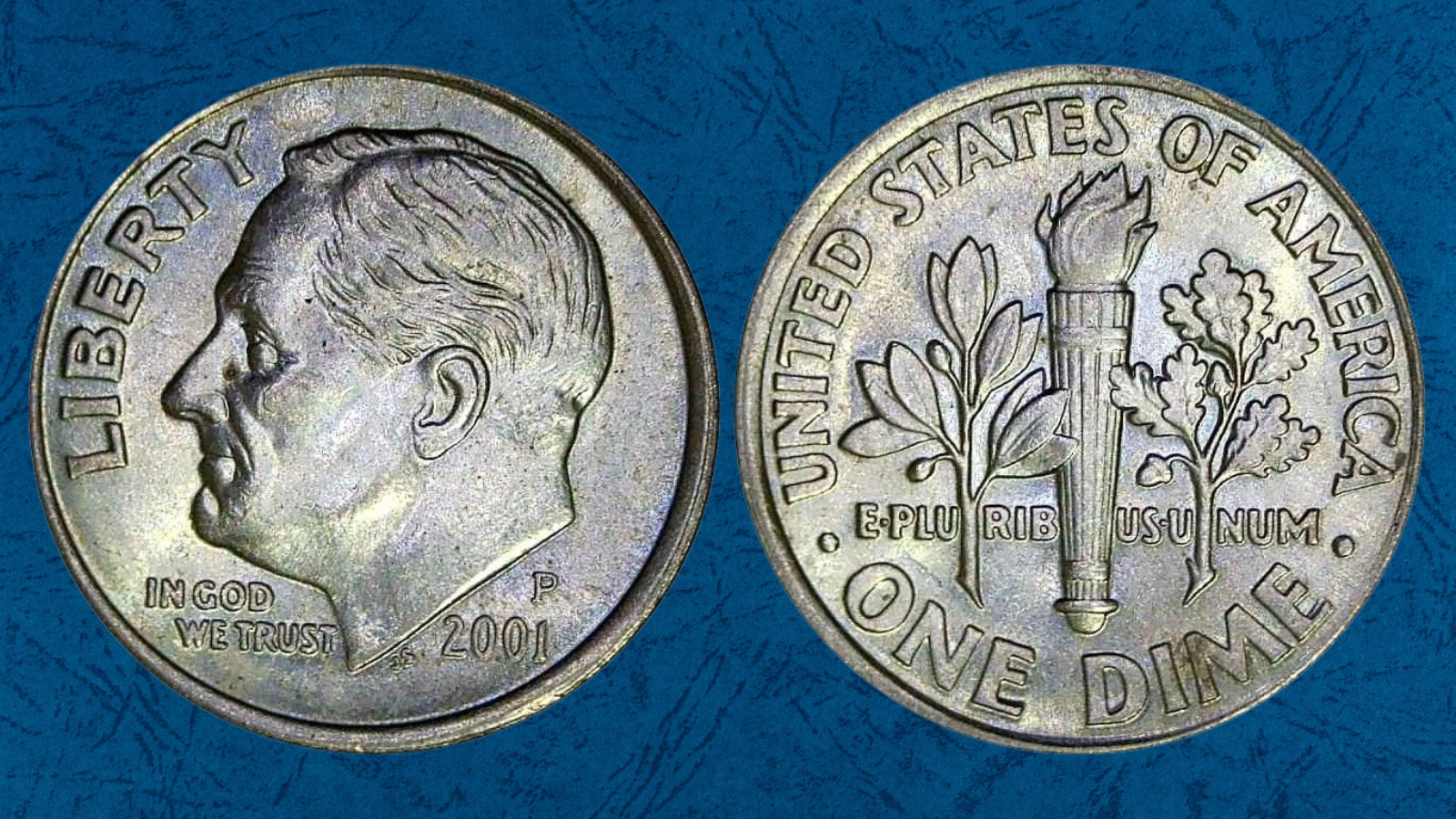 2001 dime off-center strike error with shifted design and blank crescent visible on rim