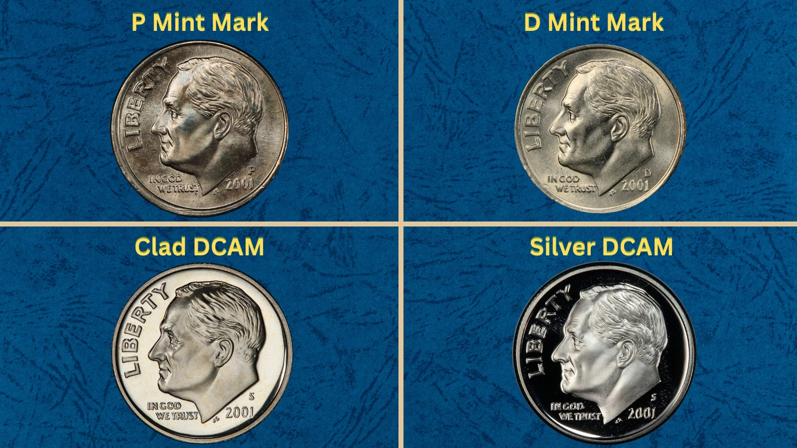 Group of 2001 Roosevelt dimes showing all varieties including P, D, S clad proof, and S silver proof