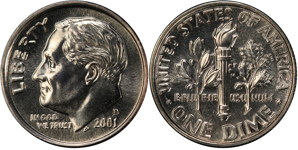 2001 Roosevelt dime grading strip showing four condition tiers from worn through gem uncirculated side by side